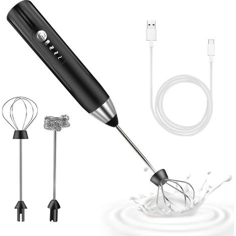 Mousseur à Lait Électrique，Mousseur de Lait Rechargeable USB et Mini Fouet Electrique, Mélangeur Acier Inoxydable, pour Café, Café au Lait(Noir)