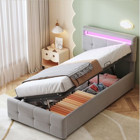 Polsterbett 90/200 cm grau aus Samt mit LED, Stauraum und verstellbarem Kopfteil (1/5)