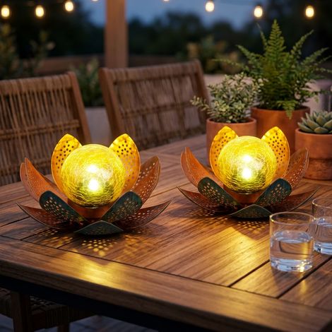 2 lampade LED solari da esterno, lampada da giardino, lampada da terrazza, fiore solare, metallo dorato, IP44 (1/5)