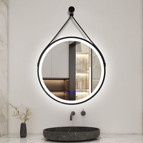 Aica 70x70cm miroir salle de bain rond LED tricolore + anti-buée + dimmable + mémoire,avec ceinture en cuir amovible,noir
