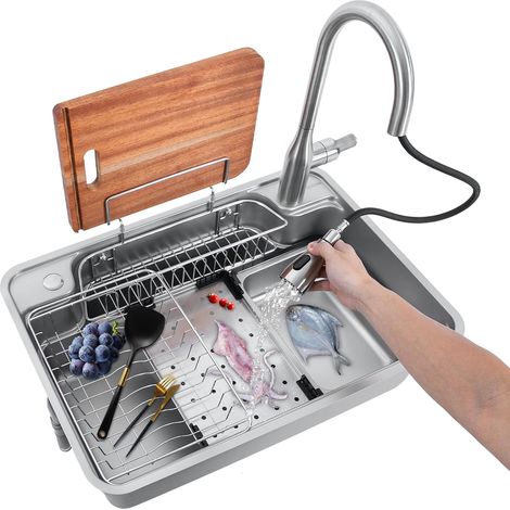 Évier de cuisine, 70 x 48 x 23 cm, en acier inoxydable, avec siphon, égouttoir enroulable et distributeur de savon, en acier inoxydable, avec siphon, système d'écoulement et de trop-plein (1/5)