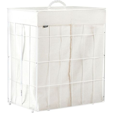 Cesto portabiancheria pieghevole con coperchio in bambù struttura in metallo e rivestimento in tessuto per il bagno 100 l bianco Apoteri