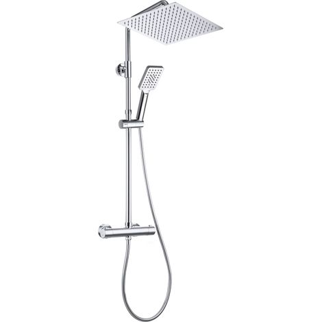 Colonne de douche avec robinetterie, acier inoxydable système de douche avec barre de douche réglable hauteur, pommeau pluie 30x30 cm et mitigeur thermostatique, Chromée (1/5)