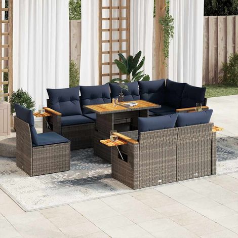 Set sofás jardín y cojines 9 pzas ratán sintético acacia gris vidaXL (1/5)
