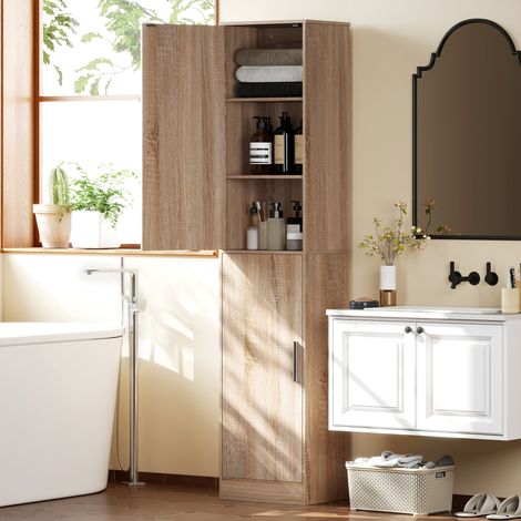 Colonne de rangement pour salle de bain en bois naturel avec 2 portes et 4 étagères réglables, dimensions 40 x 35 x 180 cm (1/5)