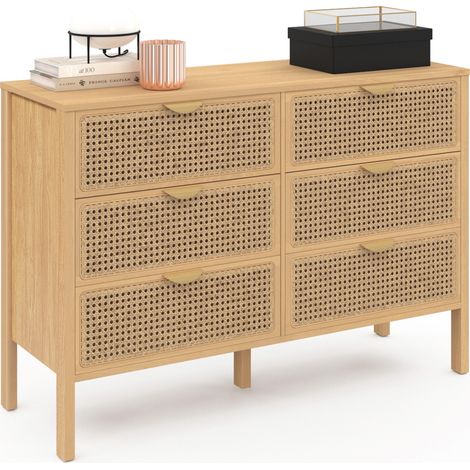 Idmarket – Commode enfant 6 tiroirs 115 cm – Bois naturel et cannage – Largeur 40 cm – Hauteur 80 cm – Capacité 30 kg