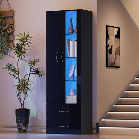 Vitrine LED - 59.5x35x182cm - avec 2 portes - meuble d'exposition autoportant avec porte transparente - noir (1/5)