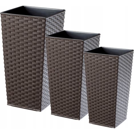 KADAX Rattan Blumentopf Set, aus Kunststoff, Pflanzkübel, 25+30+35 cm, Mokka