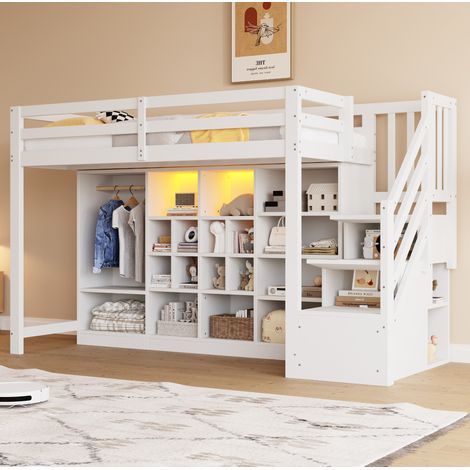 Cama alta 90x200 cm de madera blanca con almacenaje integrado, armario y LED