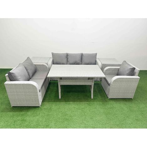 Fimous Patio PE Wicker 6 Seater Outdoor Rattan Furniture Sofa Sets with Rectangular Dining Table Reclining Chair Loveseat Sofa 3 Seater Sofa 2 Side Table Light Grey (1/4)