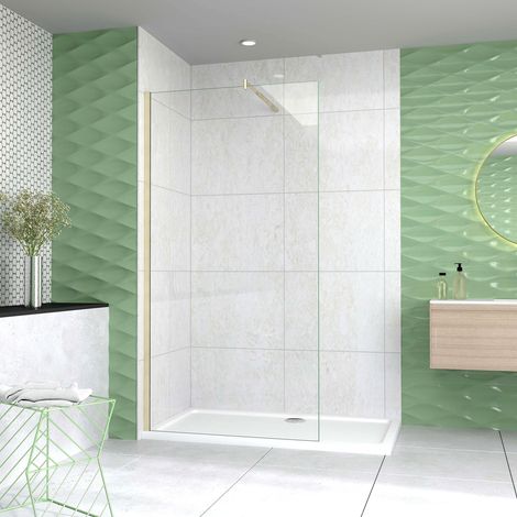 Box Doccia Walk In 90x200 cm Parete Fissa Vetro 8 mm Trasparente Anticalcare Oro Spazzolato Barra Stabilizzatrice 70-120 cm