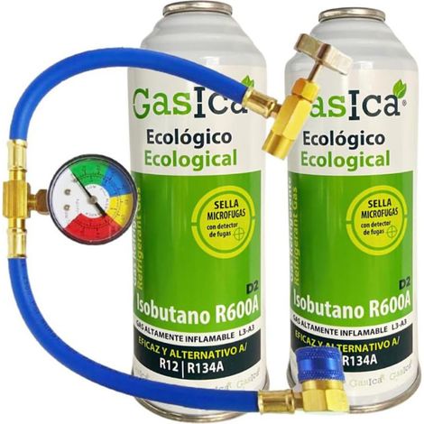 Kit Recarga Gasica D2 Coches  2x226g Sustituto R134a R12  Manguera, Manómetro y Adaptador  Gas Ecológico con Trazador