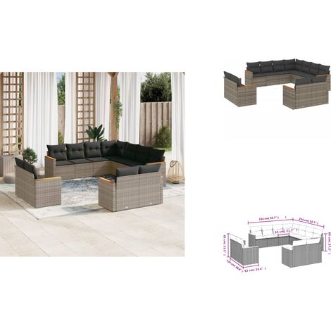 11-tlg. Garten-Sofagarnitur mit Kissen Grau Poly Rattan - Gartenmöbel - Outdoor Möbel - Rattan Sofa - Lounge Set - Esstischgarnitur (1/3)