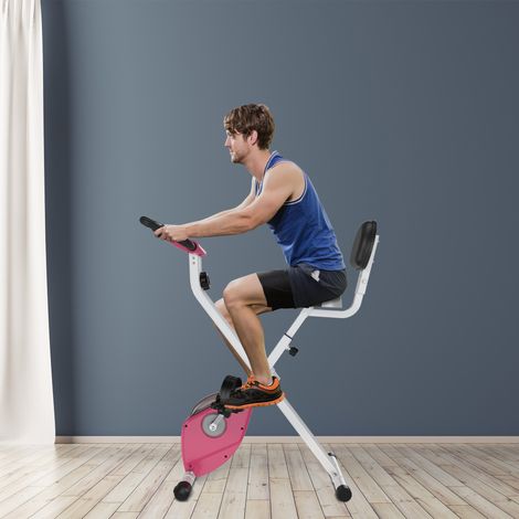 Cyclette pieghevole, cyclette da fitness, cyclette da interno, 8 livelli di resistenza magnetica con sedile e schienale regolabili, schermo LCD multifunzione, sensore di frequenza cardiaca, rosa (1/5)