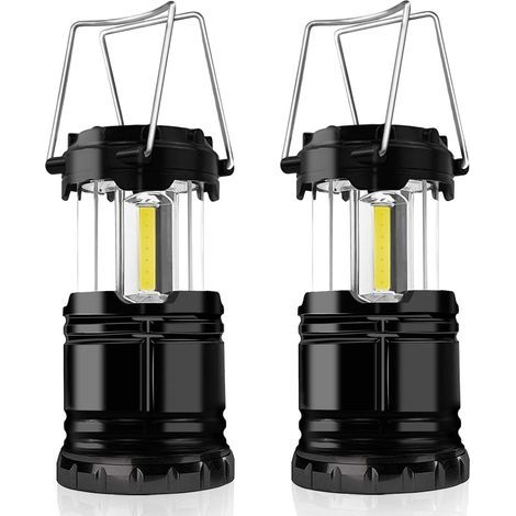 Lampes de camping, lot de 2 lanternes de camping portables à piles avec LED et crochet pliable, idéales pour les situations d'urgence, la randonnée et le camping (noires). (1/5)