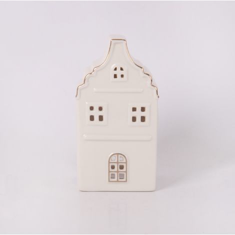 Windlicht Haus Keramik 15 x 8 cm weiß gold Windlicht