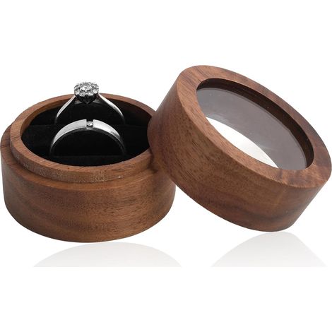 Boîte à Anneaux en Bois de Noyer, Couleur Café, avec Fenêtre Transparente et Double Emplacement en Velours Noir, pour Proposition, Fiançailles, Mariage, boite a bijoux bois 5x3.55cm (1/5)
