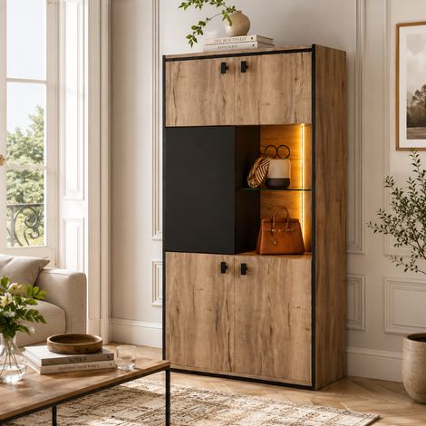 Buffet haut,Armoire de rangement en bois 77.8x36x150 cm avec porte coulissante, Étagères ouvertes, Effet Bois et Noir (1/5)