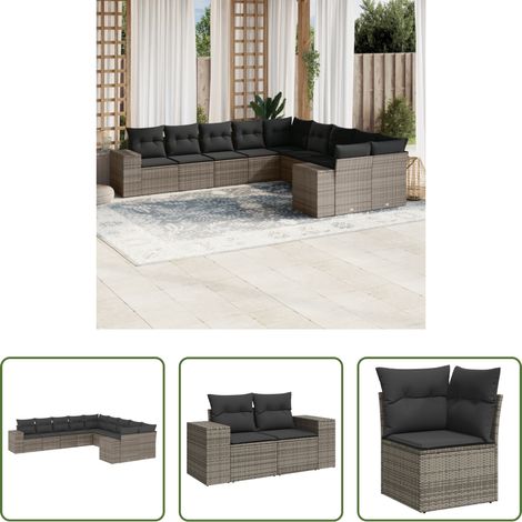 vidaXL Canapé en résine - Salon de jardin avec coussins 10 pcs gris résine tressée (1/5)