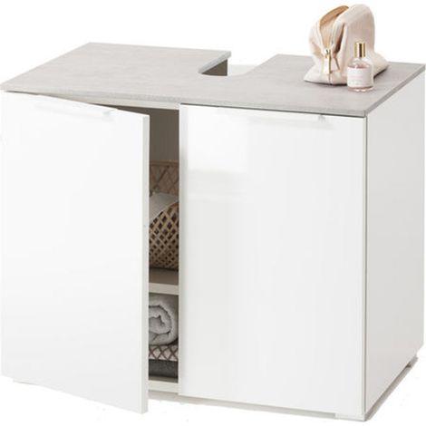 Glänzend weiß und Zement Waschbecken h 58 cm mit 2 Holztüren