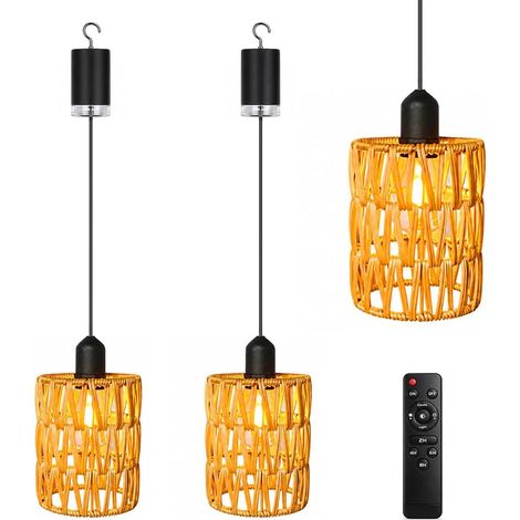2 Pièces Suspension en Rotin Bohème, Lampe Suspendue Sans Fil (1/5)