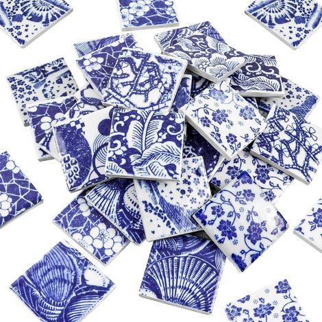 Carreaux de mosaïque en céramique pour artisanat Carreaux carrés en porcelaine polie Lot de 36 carreaux de céramique irisés émaillés bleus et blancs de 4,6 x 4,6 cm (1/5)
