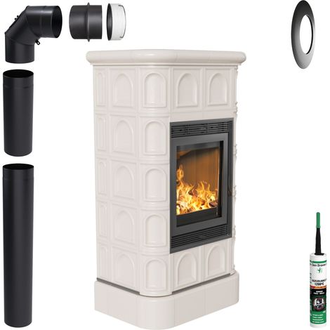 KRATKI Kachelofen BLANKA 8kW Ø160 creme Holz freistehend mit Zubehör (1/5)