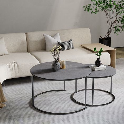 2er Set Couchtisch Beistelltische Rund Satztische Sofatisch Marmor Wohnzimmertisch Seitentisch Grau (1/5)