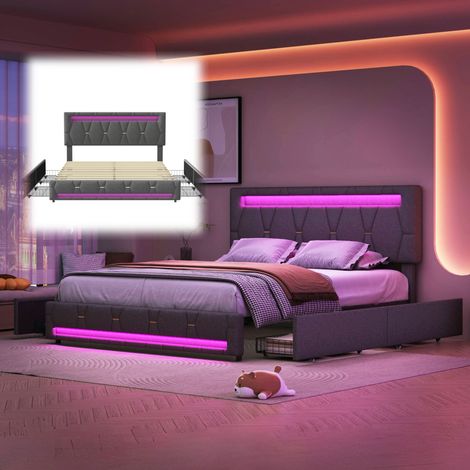 Doppelbett 160x200, Doppelbett mit LED-Beleuchtung, Polsterbett mit 4 Schubladen, Lattenrost, verstellbares Kopfteil, Grau