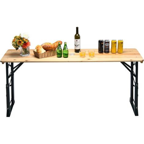 Pour jardin et camping repas facile avec cette table haute pliante en bois 168,5x50 cm réglable 2 hauteurs avec trou parasol (1/5)
