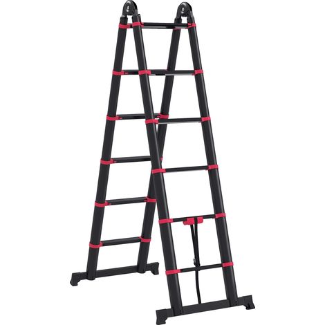 Échelle pliante en aluminium : 2 façons d’utiliser avec 12 marches antidérapantes Charge 150 kg 379x67,5 x 11 cm Noir et rouge