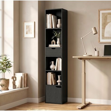Bibliothèque 30x24x158 cm en bois noir, gain de place, avec tiroir pour bureau et salon FloraGrace (1/5)