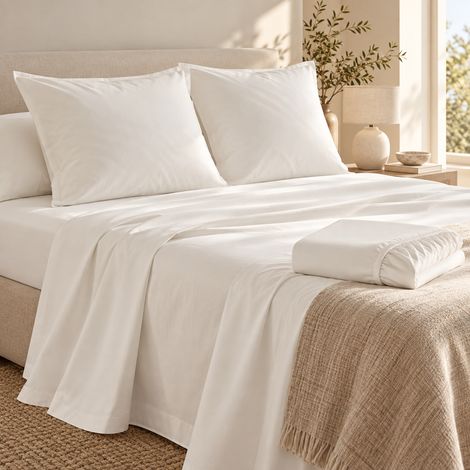 Ensemble literie 4 pièces – Drap plat 240 x 300 cm + drap housse 140x190 cm + 2 taies 63x63 cm – Percale 78 fils – Blanc (1/5)