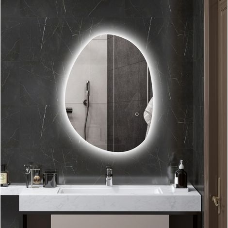 Specchio bagno asimmetrico 70 x 50 cm con luce LED, touch smart, funzione antiappannamento, argento (1/5)