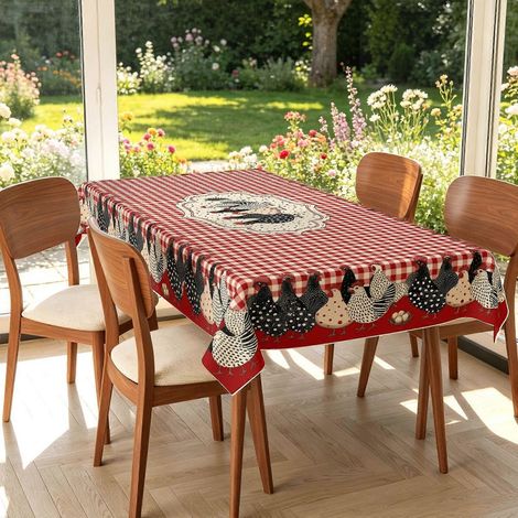 Nappe rectangulaire à carreaux rouges et imprimé coq, nappe décorative champêtre pour la fête des récoltes, facile d'entretien, idéale pour la cuisine, les repas en extérieur. (1/4)