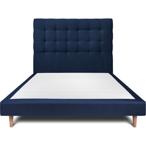 Lit 150x200cm avec tête de lit capitonnée velours et sommier tapissier Bleu - Hauteur totale : 29cm (1/5)