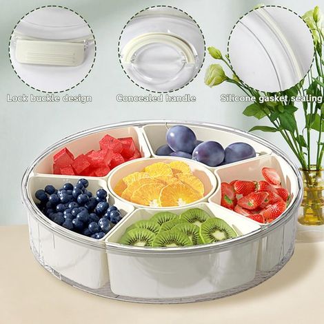 Bol para frutas y verduras，Recipiente para aperitivos，Bol redondo para aperitivos，Bol dividido con tapa y asa，6 compartimentos (1/4)
