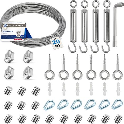 35 m Stahlkabel-Set, 3 mm dickes Drahtseil, M5-Kabelspanner, Edelstahl-Kabelspanner, M5-Wandhaken, Stahlkabel mit Ösen, Pflanzenstäbe (1/5)