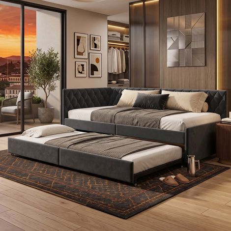 Creahappy Lit Gigogne Capitonne 90x200 cm - Banquette Convertible Gain de Place - Tissu Velours Style Contemporain - Gris Anthracite (1/5)