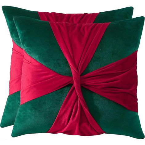 Lot de 2 housses de coussin carrées de Noël 45x45cm en velours doux et confortable, avec ceinture rouge, pour une décoration de Noël festive à la maison ou au salon. (1/5)