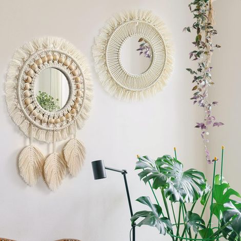 2 Pièces Macramé Miroir Muraux Suspendu, Miroir Decoration avec Franges Perles De Bois, Tissées Boho Fringe Miroir Rond avec Feuilles pour Appartement Salon Chambre Décor (1/5)