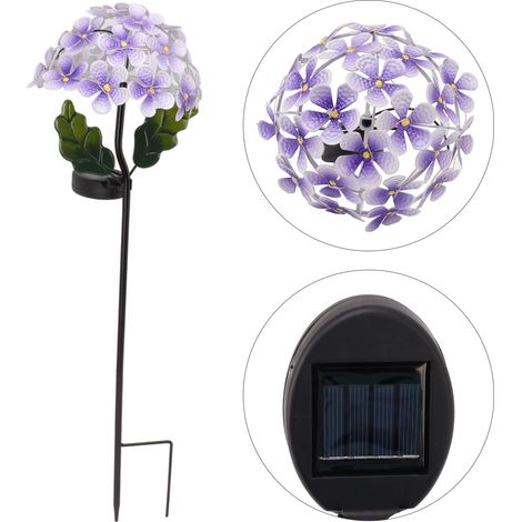Lampe solaire LED sur poteau en forme d'hortensia, pour jardin ou cour, couleur violette. (1/5)