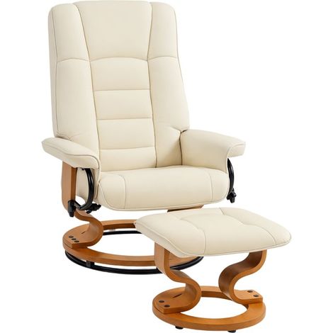 Fauteuil de relaxation inclinable avec repose-pied, pivotant, cadre en bois , revêtement synthétique crème (1/5)