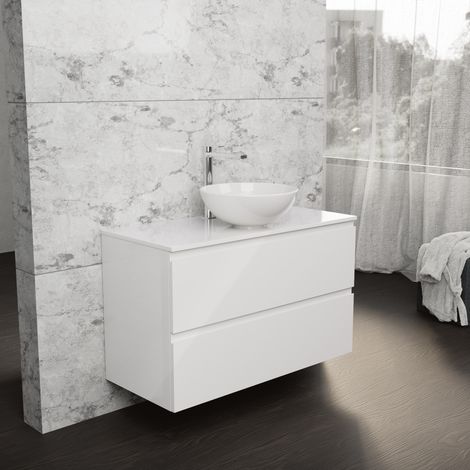 Inda - Badezimmerschrank B.100 mit Aufsatzwaschbecken / Hochglanzweiß 2 Schubladen - Rubin (1/5)