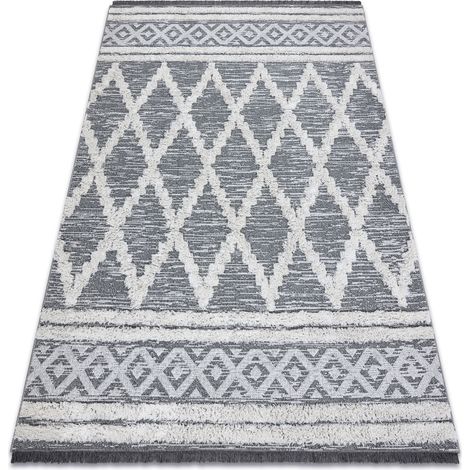 Tappeto ECO SIZAL BOHO MOROC Diamants 22297 franges - due livelli di pile grigio / crema, tappeto in cotone riciclato grey 175x270 cm