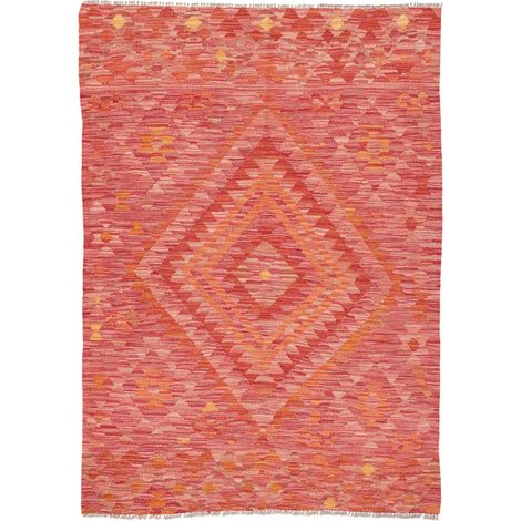 Tapis kilim 106 x 150 cm, géométrique, rouge, orange et rose, en laine naturelle, tissé plat artisanal authentique (1/5)