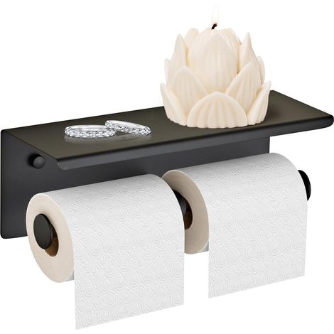 Porte-papier toilette double pour avec étagère noire en acier inoxydable SUS 304 à double tête pour salle de bain Étagère de rangement murale en tissu noir (1/5)