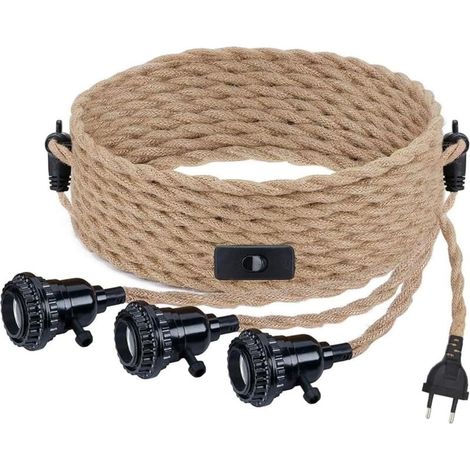 Vintage Hanfseil Kronleuchter Bausatz Kabel Pendelleuchte mit Schalter und EU Stecker DIY 3-Flammige Hängelampe Textilkabel Seil E27 Dekor Beleuchtung Schlafzimmer Wohnzimmer Küche Esszimmer