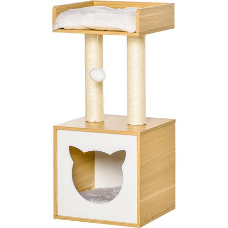 Albero tiragraffi per gatti casetta piattaforma 35 x 35 x 81 cm cuscino rimovibile stabilità design contemporaneo in peluche rovere 210007659