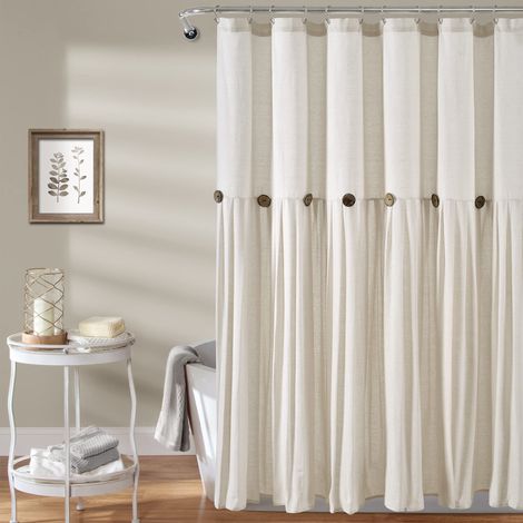 Rideau de Douche à Boutons en Lin, Blanc cassé, 183 x 183 cm (1/5)
